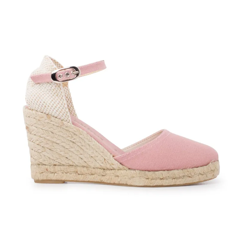 BIANKINA Granada Eco Canvas Vegan Espadrille Wedges in rose pink, showing wedge heel and canvas upper