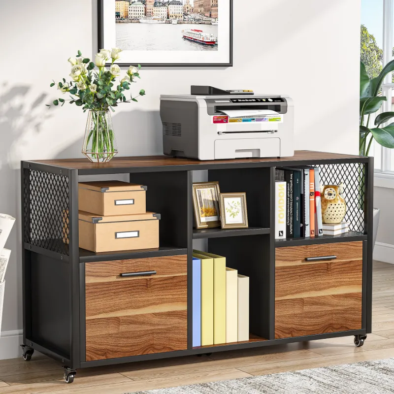 Tribesigns 2 Drawer File Cabinet in rustic walnut finish with wheels and open shelving
