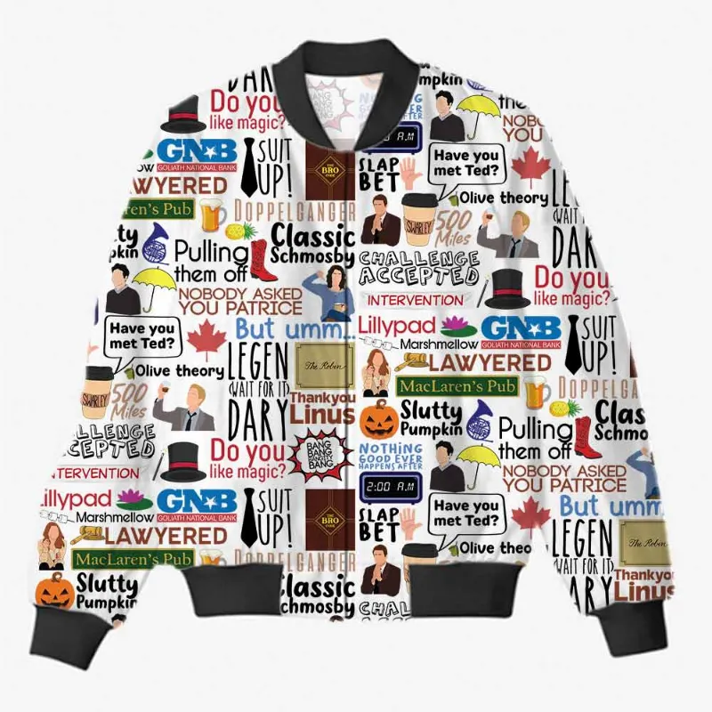 The Banyan Tee US AOP Bomber Jacket - HIMYM, all-over printed design on soft fleece bomber.