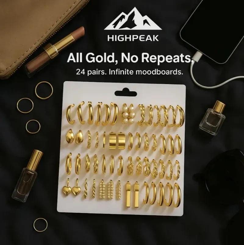 HighPeak 48-Piece Earring Set, gold hoops, studs, and pearl drops laid out on a flat surface