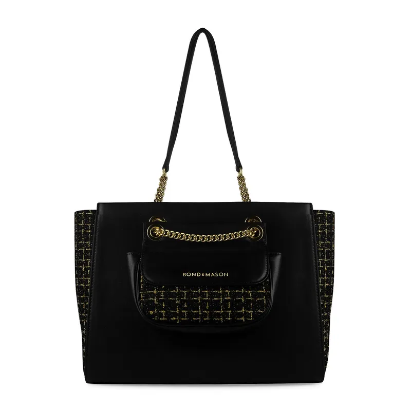 Bond & Mason The Margaret Tote Bag (Black/Gold) showing black and gold vegan leather tote bag