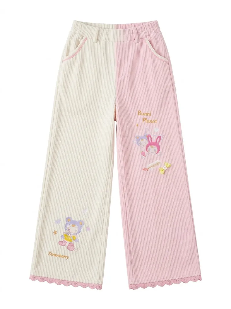 Shoptery Fairy Kei Bunni Planet Bicolor Wide Leg Embroidered Pants, cartoon-embroidered wide-leg trousers