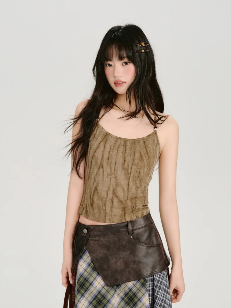 Juwas Acid Wash Textured Ruched Cami Top highlighting the folded side details.
