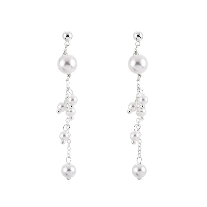 Cottagecore Clothes Ethereal Drop Earring with asymmetric pearl clusters on sterling silver chain