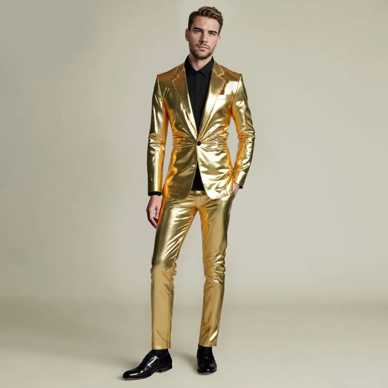 Cloudstyle A11 Series 2-Piece Solid Color Stand Collar One-Button Glitter Suit Gold