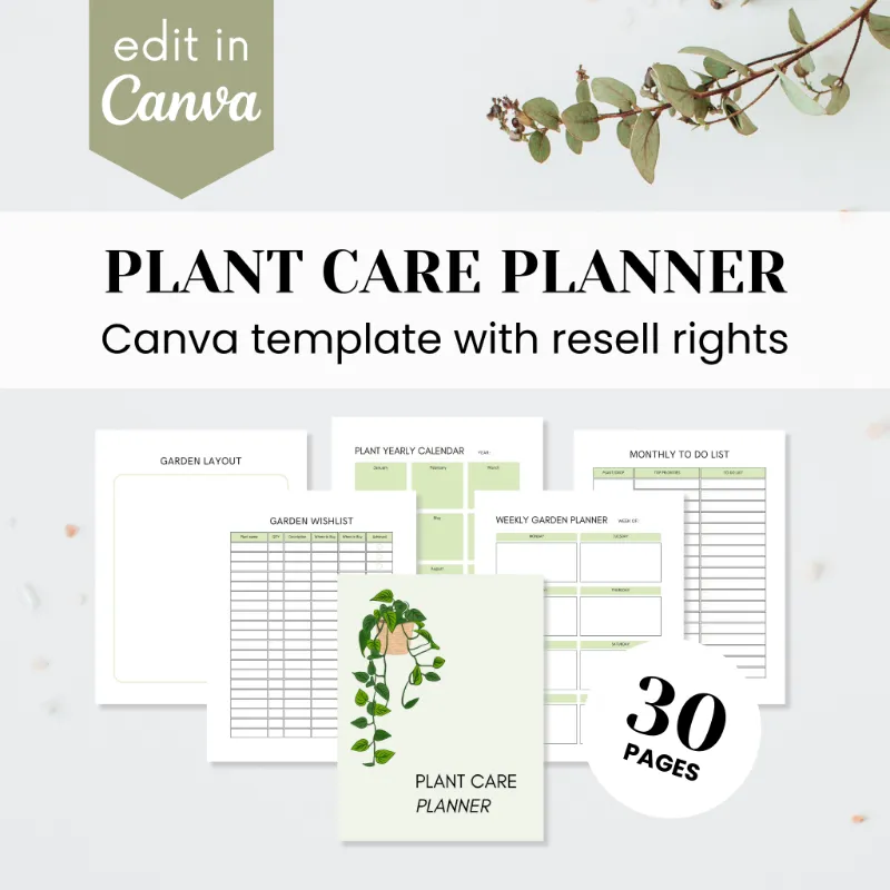 Purpose PLR Plant Care Planner Template Canva plant tracking pages