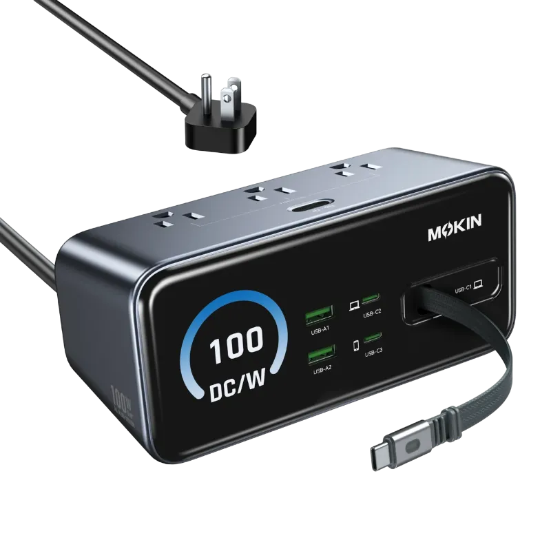 MOKiN 100W 8-in-1 GaN Charging Station on desk with multiple cables connected