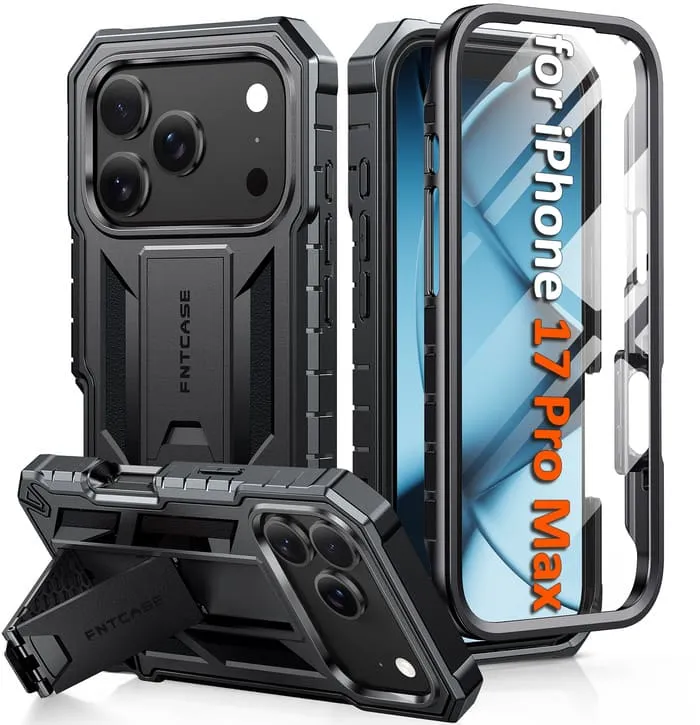 FNTCASE OFFICIAL iPhone 17 Pro Max military grade phone case with built-in screen protector and kickstand
