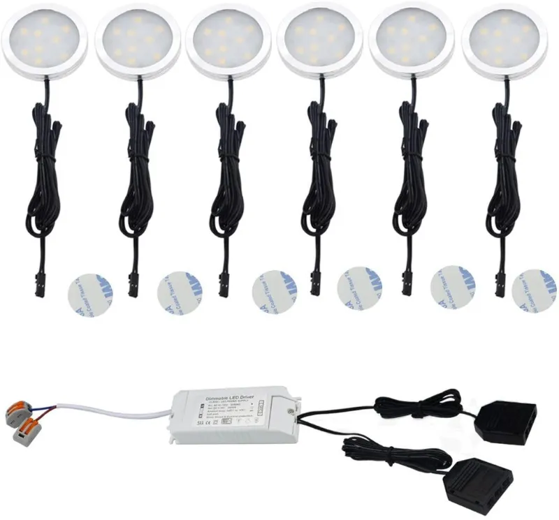 AIBOO LED Under Cabinet 6 Puck Lights Set 230V Triac Dimmable