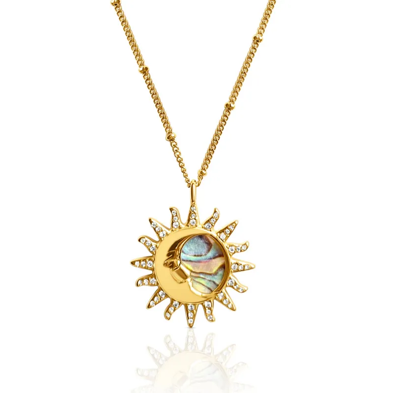 DORSYA Sol Y Luna Celestial Sun & Moon Necklace showing reversible pendant with abalone shell and gold detailing