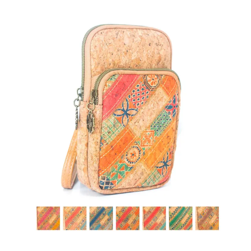 Corkadia Bohemian Chic Cork Patchwork Phone Pouch, a colourful eco-friendly cork pouch photographed on its own