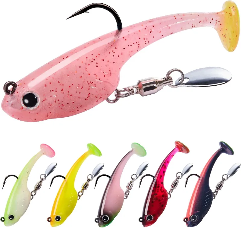 Truscend Fishing Easy Catch Shadtale with OWNER hooks, magnet, and 3D T-shaped spinner tail
