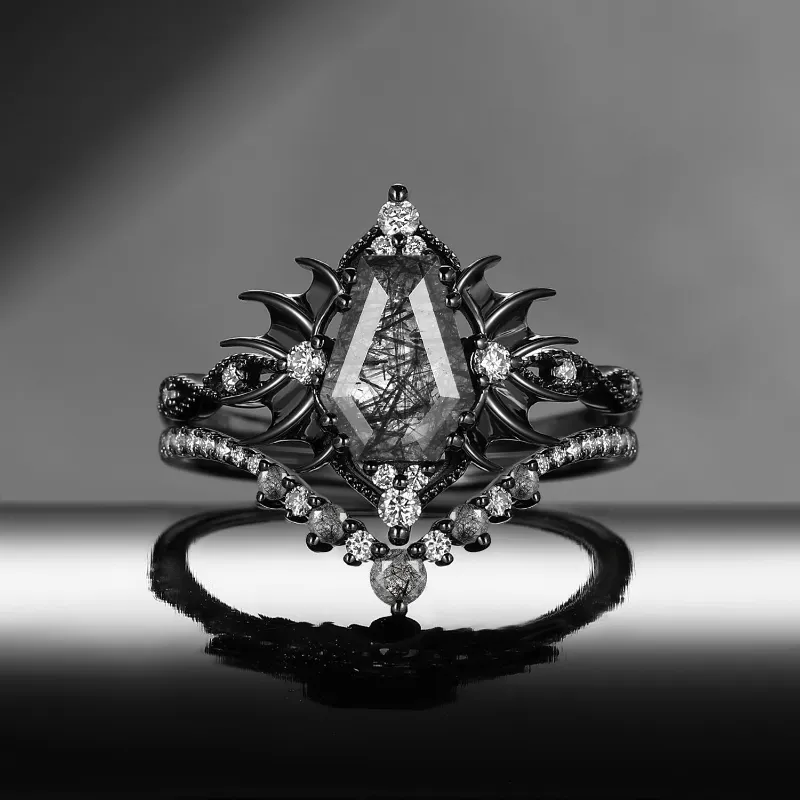 Starlandus Angel in Disguise Gothic Coffin Black Rutilated Quartz Vintage Bat Engagement Ring Set with bat wing details