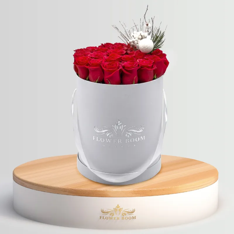Flower Boom Dallas 2 Dozen Christmas Red Roses With Snowballs in holiday themed box