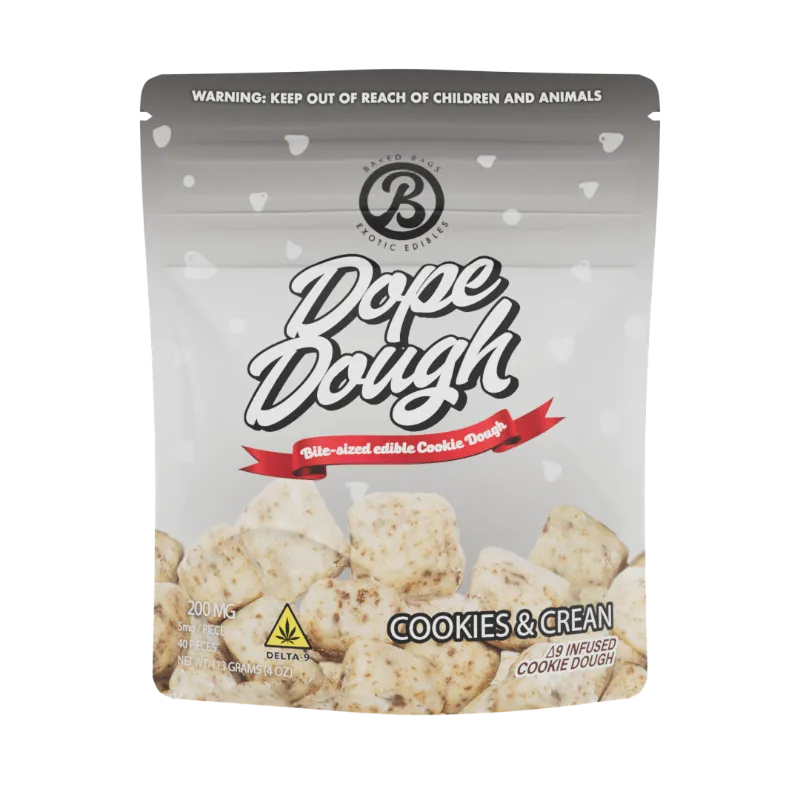 Baked Bags Dope Dough Cookies & Cream flavor pouch with cookie dough bites