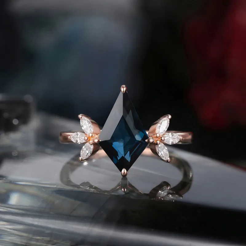 Starlandus Butterfly Classic Kite Cut Natural Teal Sapphire Cluster Engagement Ring with side stones