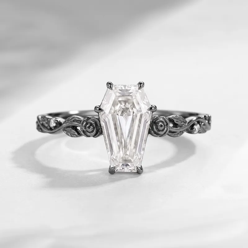 Starlandus 'Rose Éternelle' Nature Inspired Coffin Moissanite Romantic Rose Hollow Flower Engagement Ring with Rose-inspired Band