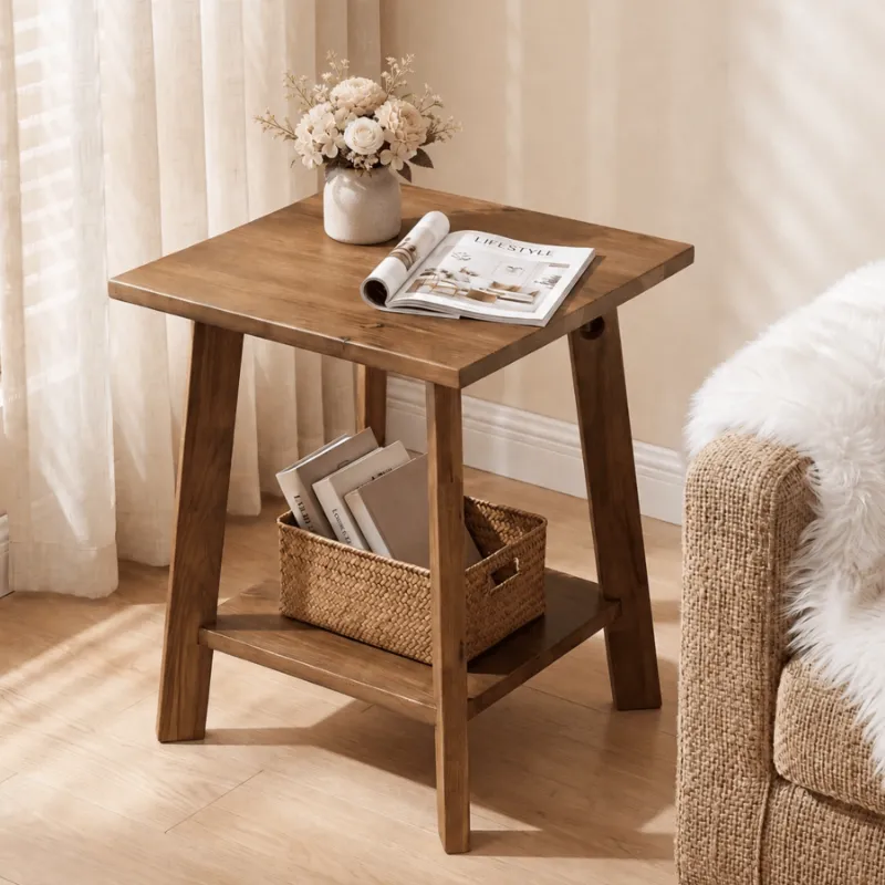 Tribesigns solid wood end table with two-tier storage and four-leg structure
