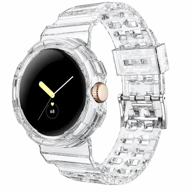 The Pixel Case Clear Shockproof Strap Case for Pixel Watch 5 showing integrated transparent case and band