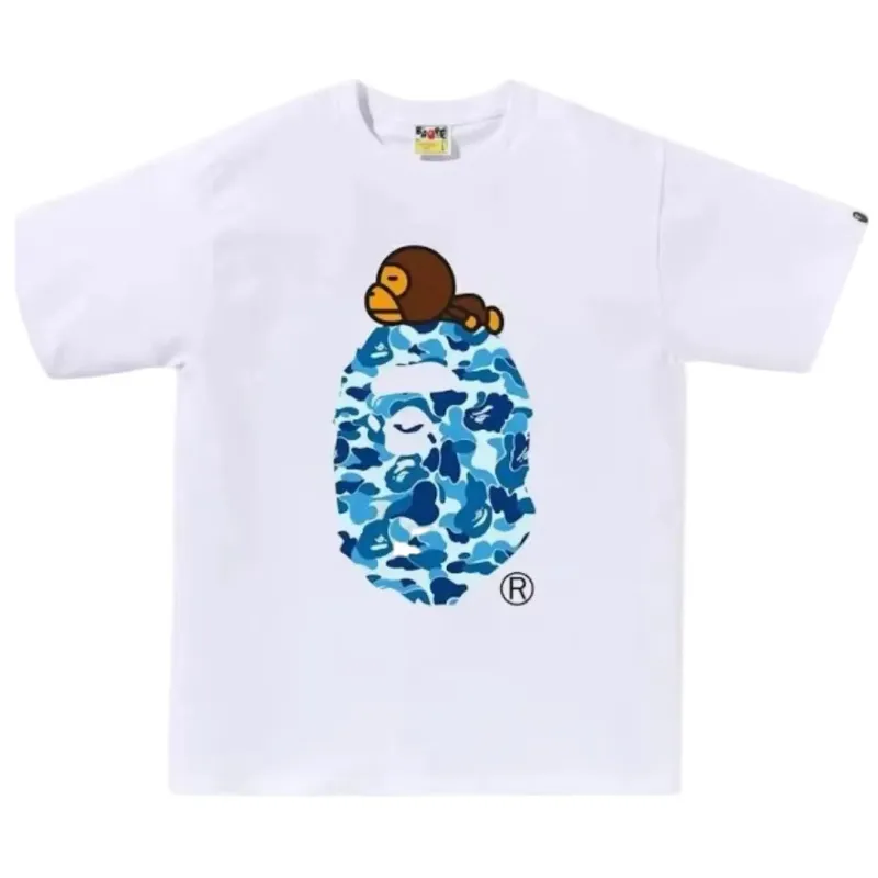 AfewVibe Bape ABC Camo Milo On Big Ape Tee FW25 White Blue with blue camo layered graphic on white crewneck