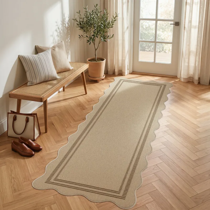 Tribesigns scalloped easy jute area rug with tan checkered border pattern