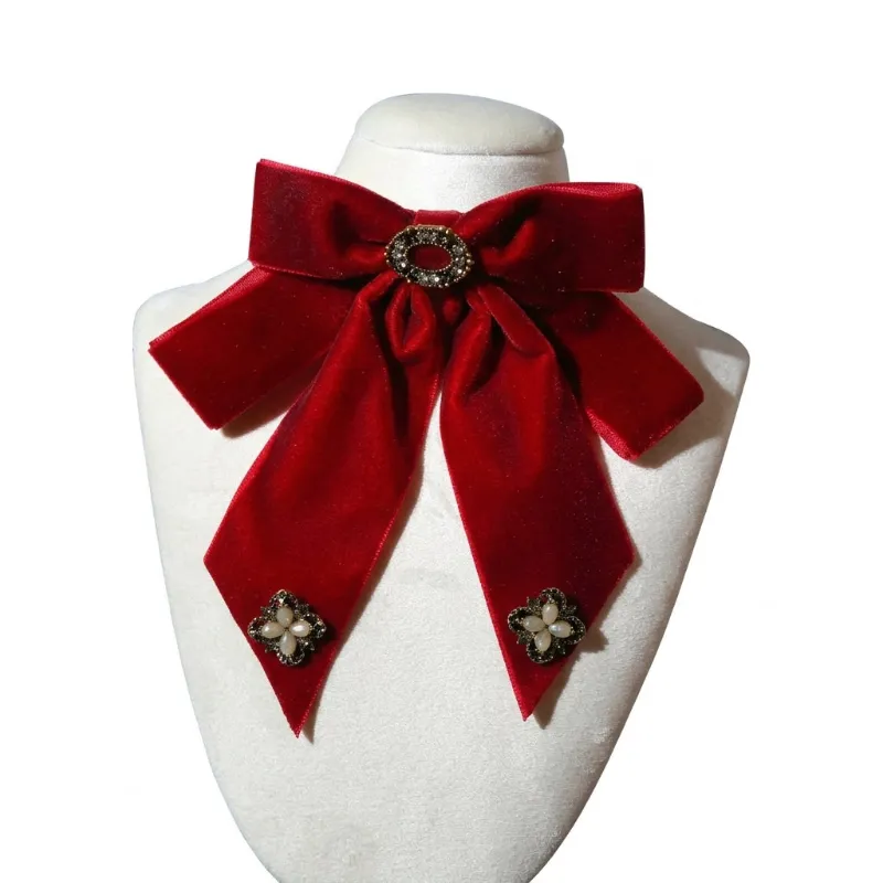 Shoptery Jirai Kei Red Velvet Bow Choker with Pearl Rhinestone Brooches, velvet ribbon bow brooch with rhinestone center