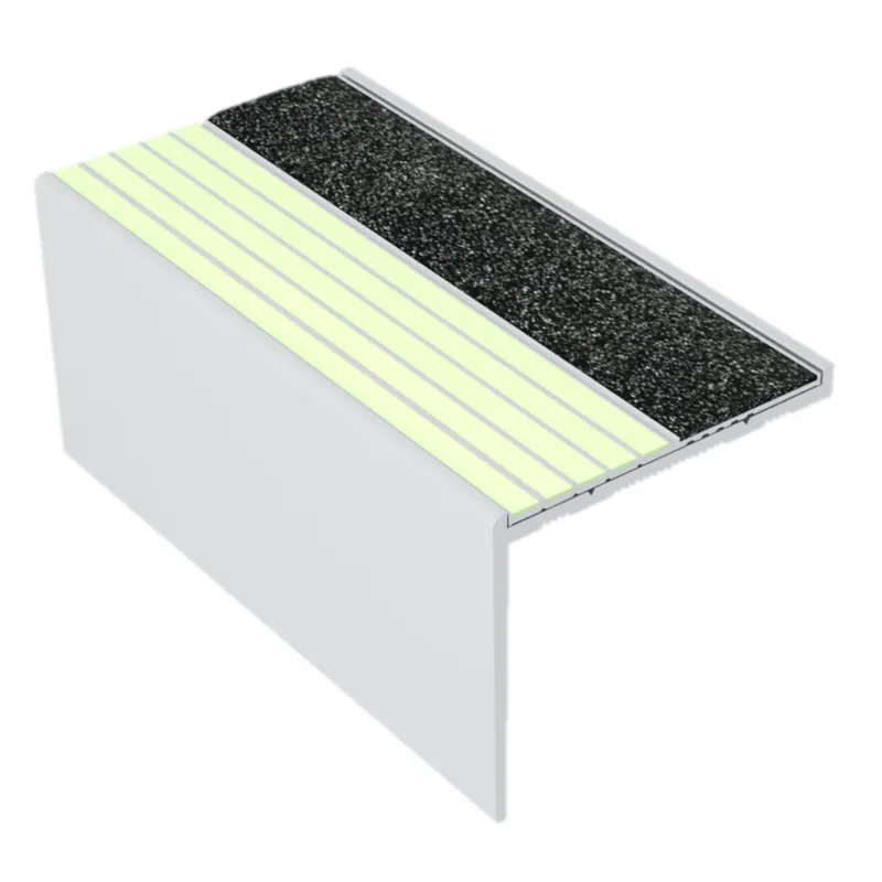 ComposiGrip Ecoglo RFA7B171 Black photoluminescent stair nosing with aluminum profile on a step edge