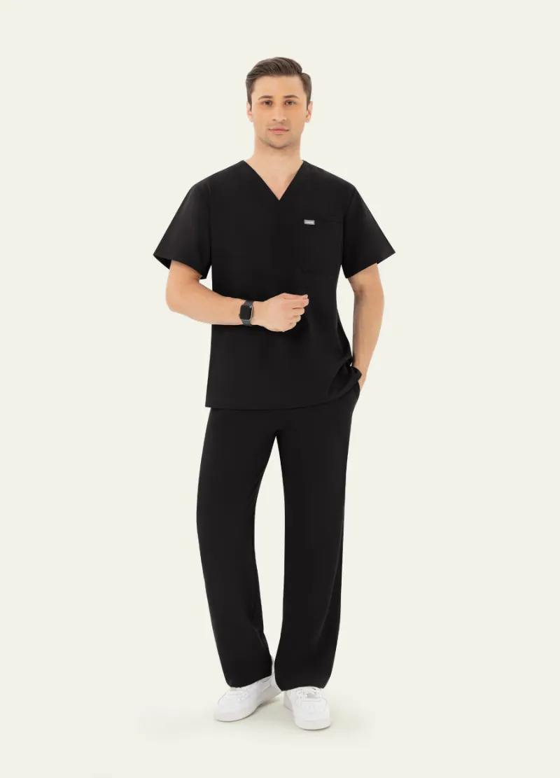 COMENII DynaComfort Essential Scrub Set Black, V-neck top and straight-leg pants laid flat