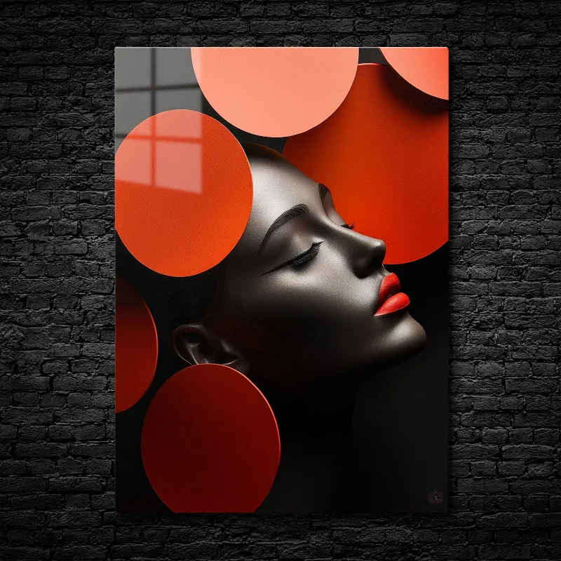 CruArt Scarlet Silence metal print showing minimalist face profile with bold red and orange geometric circles
