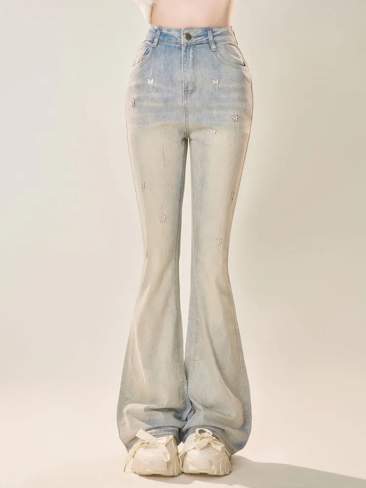 Juwas American-Style Slim Fit Light-Wash Flared Jeans with Butterfly Decorations showing the back view of the pants.