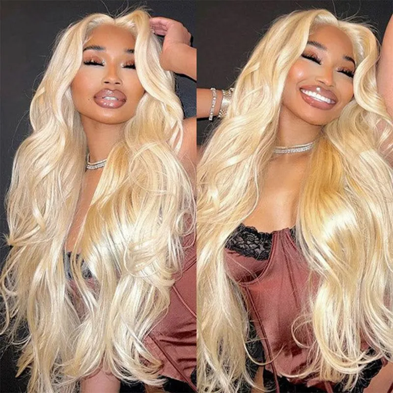 Megalook 13x4 Lace Frontal 613 Blonde Body Wave Invisible Knots Breathable Cap showing blonde wig on stand