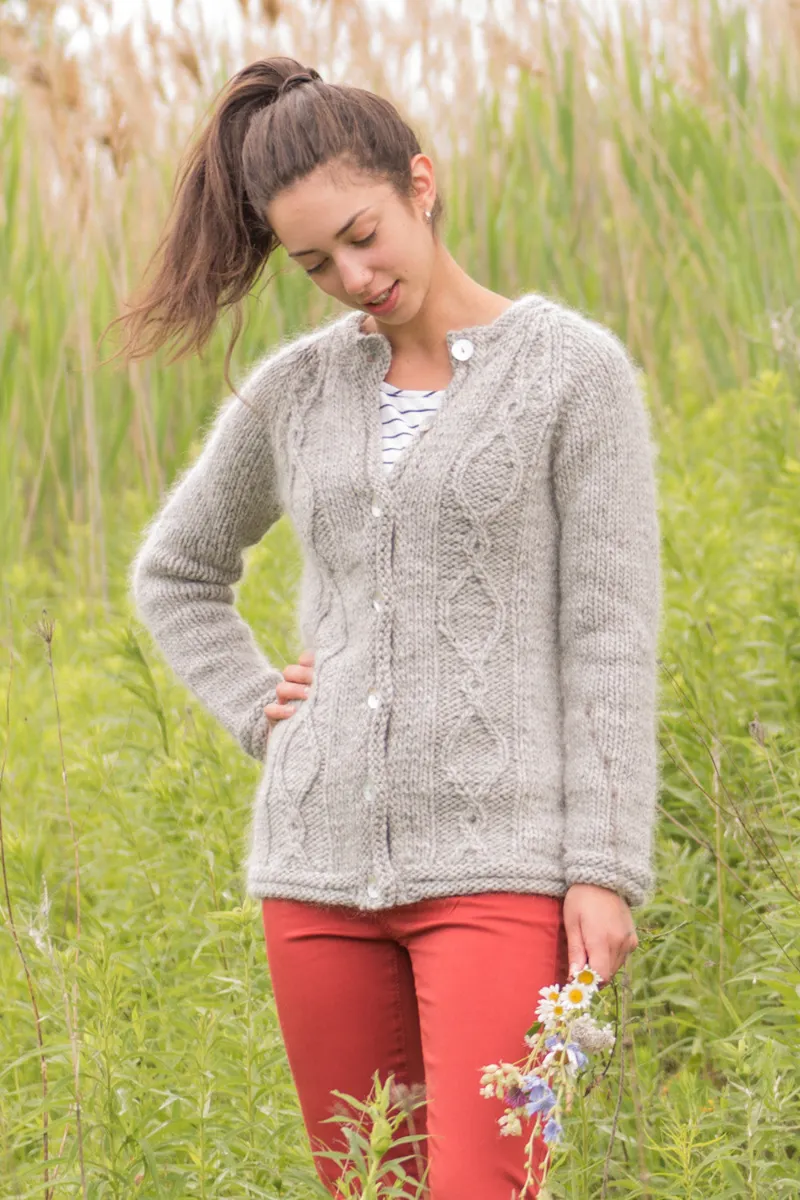 Kristen TenDyke Rumford cardigan showing raglan yoke construction in grey yarn