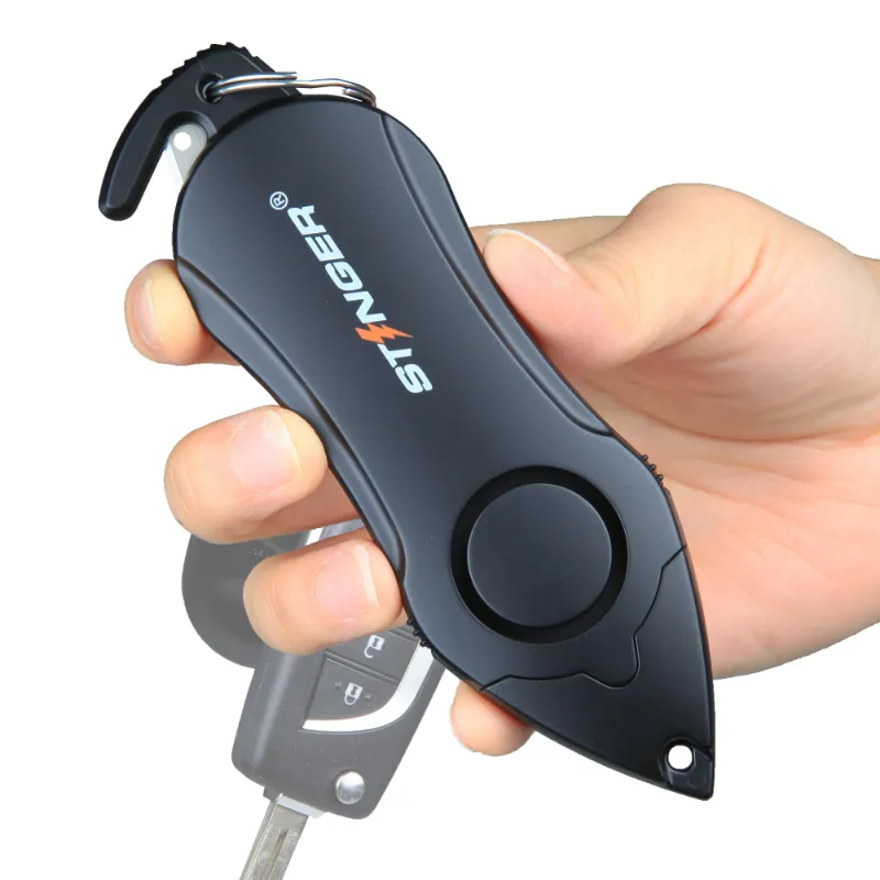 The Stinger Tools Stinger Personal Safety Alarm Keychain Emergency Tool in Black with siren alarm, seat belt cutter, and glass breaker
