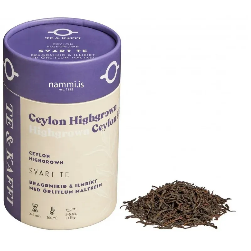 Nammi Ceylon High-grown Black Tea loose leaf tea showing dark dried leaves in 100g package