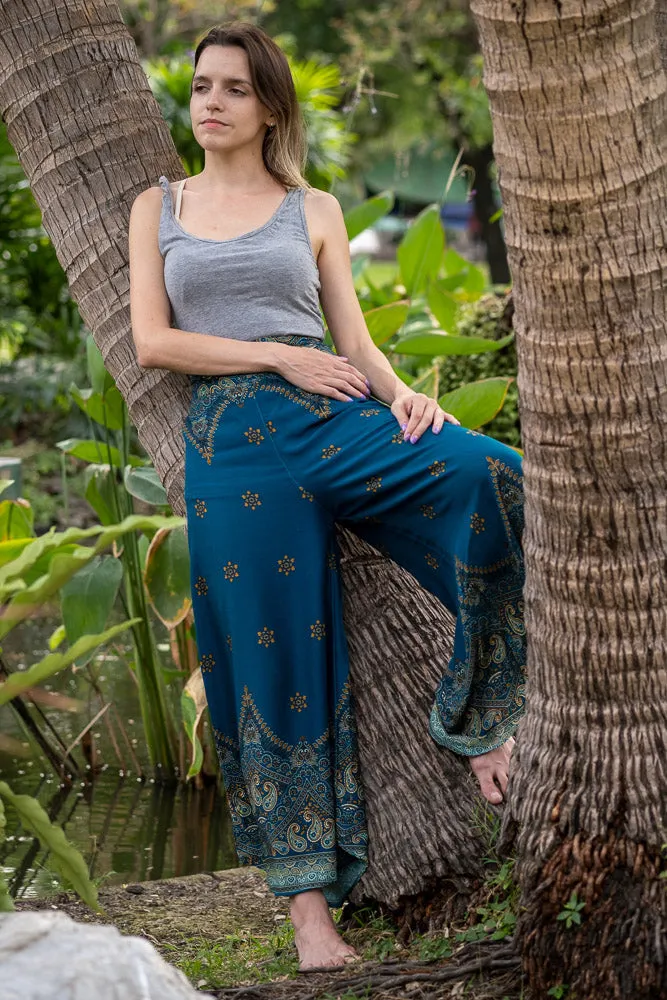 Hippie Pants Teal Palazzo Star Pants, wide-leg flared palazzo pants with teal and patterned design