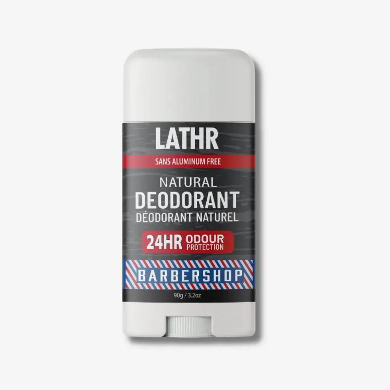 LATHR Natural Deodorant Barbershop with classic talc and patchouli scent
