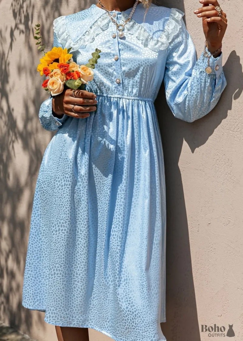 Boho Dress Baby Blue Boho Midi Dress, a relaxed flowy baby blue midi dress on a model