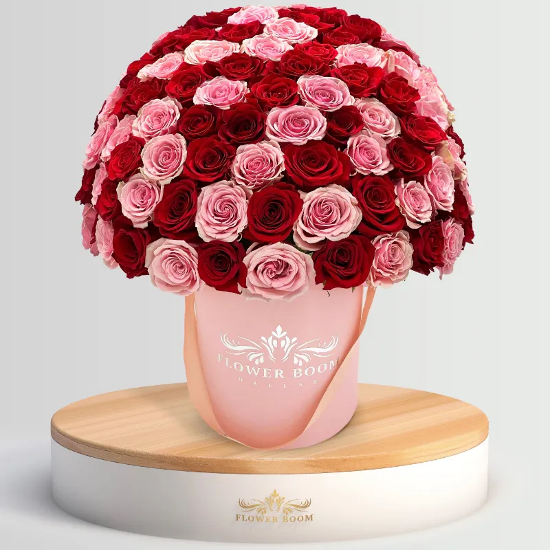 Flower Boom Dallas Red & Light Pink Roses in a Box with fresh red and light pink roses in gift box