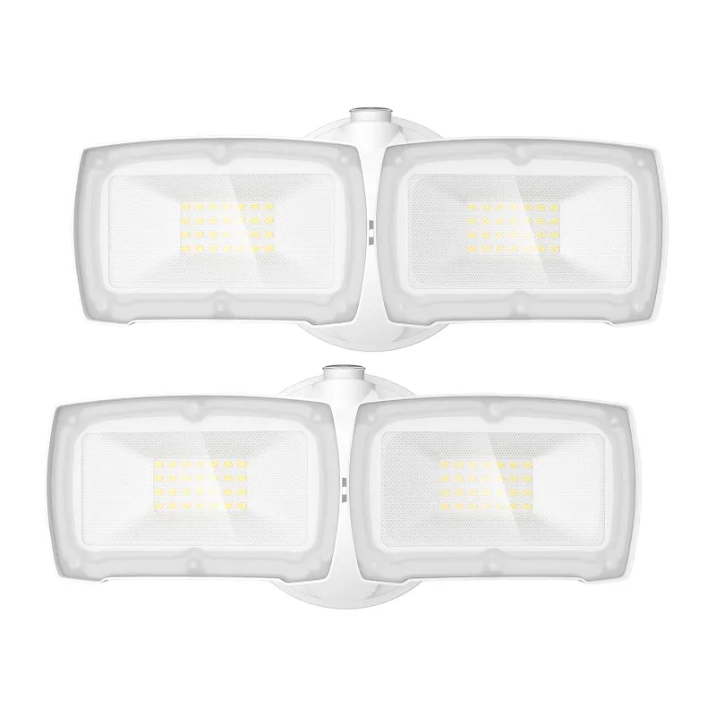 Lepower Tec Dusk to Dawn Flood Light 2-pack showing bright LED fixtures mounted on exterior surface