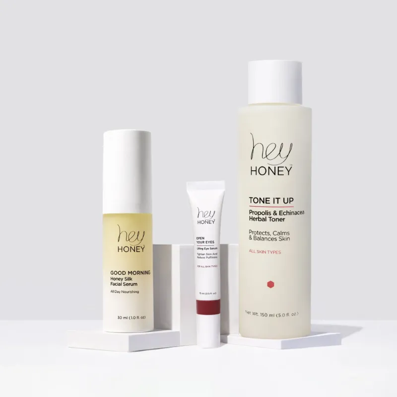 Hey Honey Better Morning Set with Good Morning serum, Tone It Up essence, and Open Your Eyes treatment