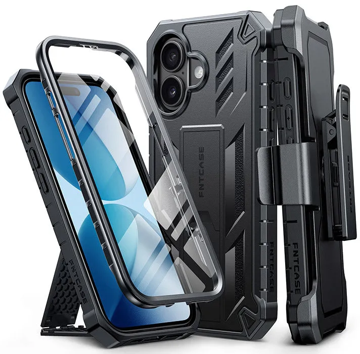 FNTCASE OFFICIAL rugged protective case for iPhone 17 with kickstand and rotating belt clip holster