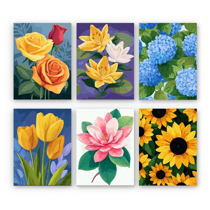 Maikoo Art 6 Mini PBN Floral Palette set showing six small canvas paintings with flower designs