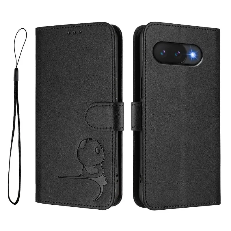 The Pixel Case Leather Wallet Case with Strap For Pixel 10a showing wrist strap, card pockets, and leather texture