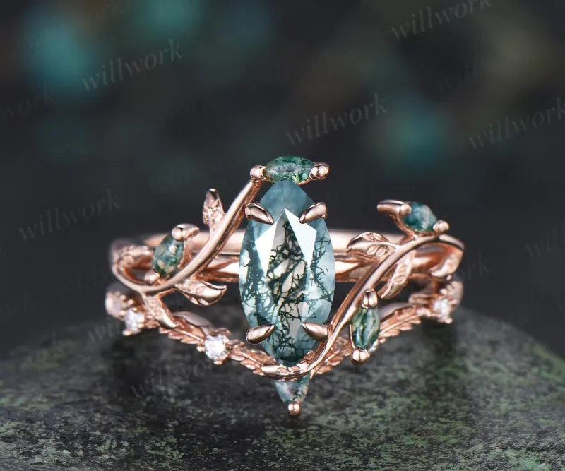 WillWork Jewelry 1ct marquise moss agate engagement ring, nature inspired branch leaf bridal set