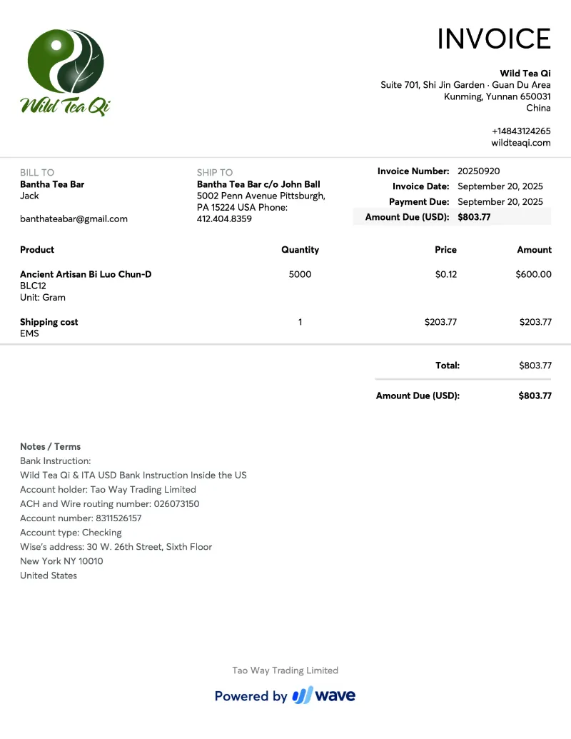 Wild Tea Qi Invoice#20250920 order receipt