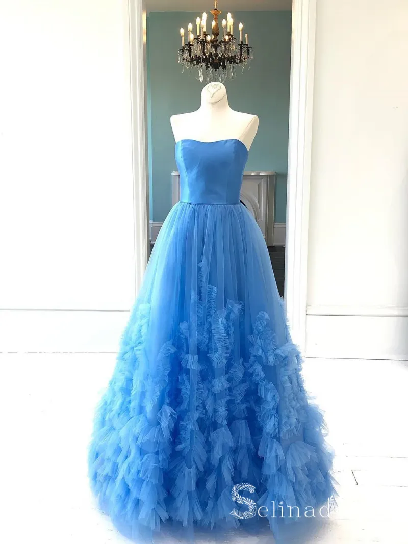 Selinadress A-line Blue Vintage Long Prom Dresses Simple Strapless Evening Gowns Formal Dresses