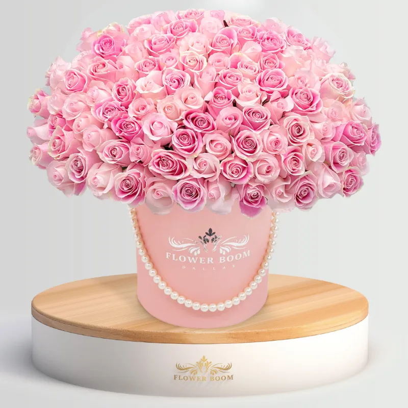 Flower Boom Dallas Pink Beauty box with white and pink garden roses in dome arrangement
