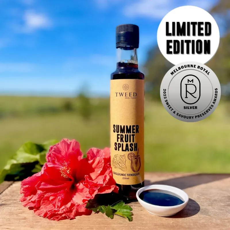 Tweed Real Food Summer Fruit Splash Balsamic Vinegar Limited Edition bottle with fresh summer fruit