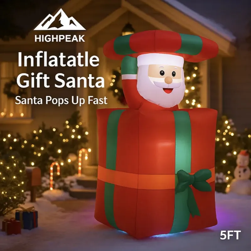HighPeak 5FT Inflatable Gift Santa popping up from a lighted present on a porch