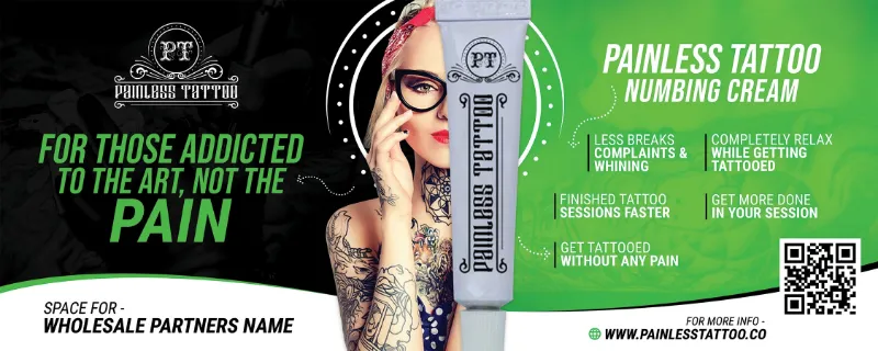 Painless Tattoo horizontal banner design 1 hanging in a tattoo shop booth